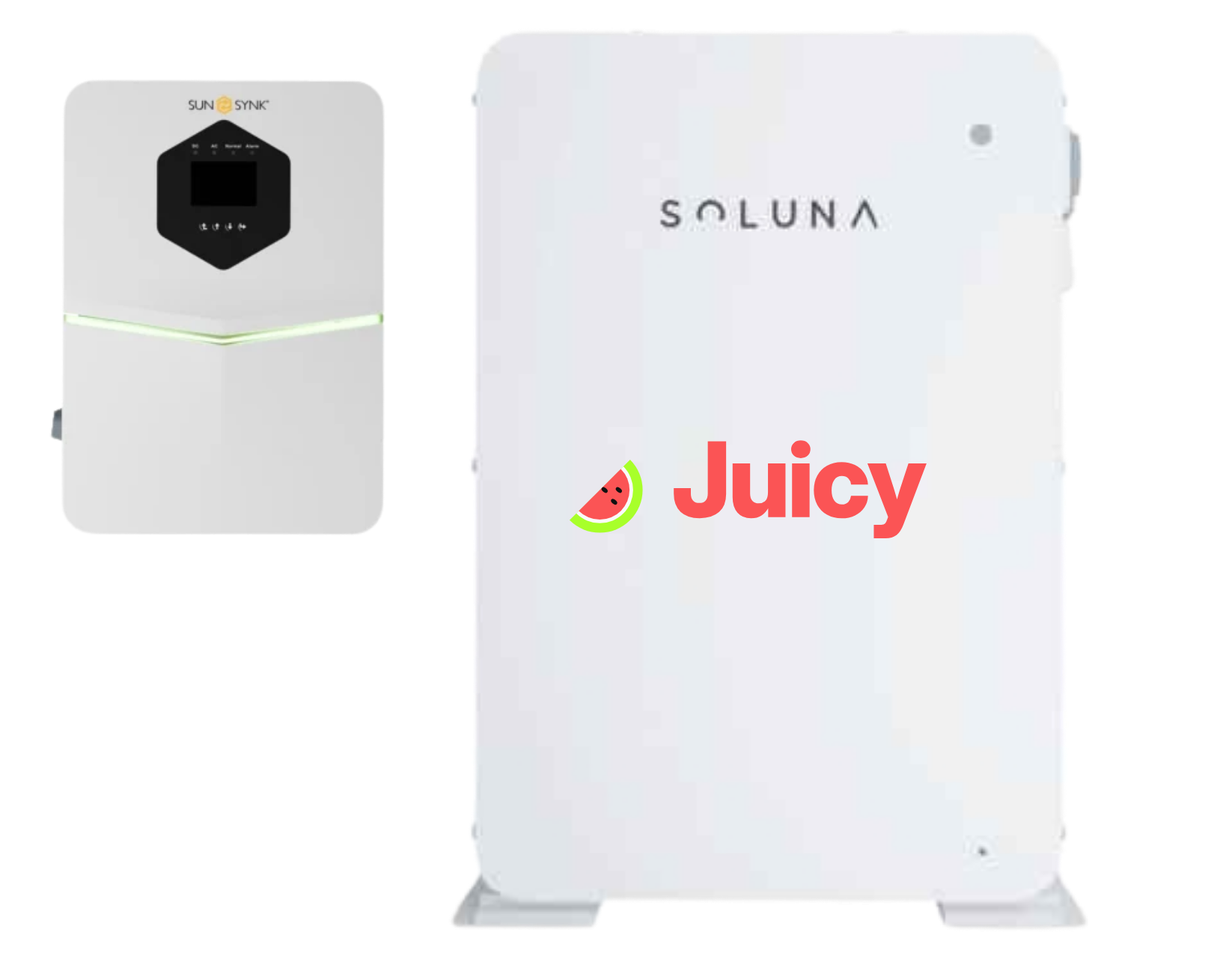 Sunsynk inverter and Soluna battery with the Juicy logo