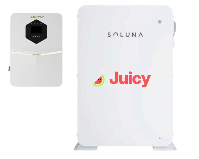 Sunsynk inverter and Soluna battery with the Juicy logo