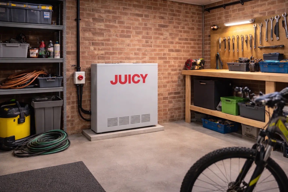 Juicy battery professionally installed in a home garage